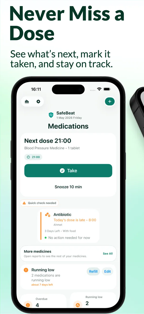 SafeBeat Medication Reminder on iPhone, screenshot 1 of 5