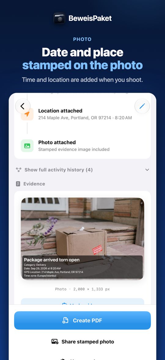 Date and place stamped on the photo – Time and location are added when you shoot.