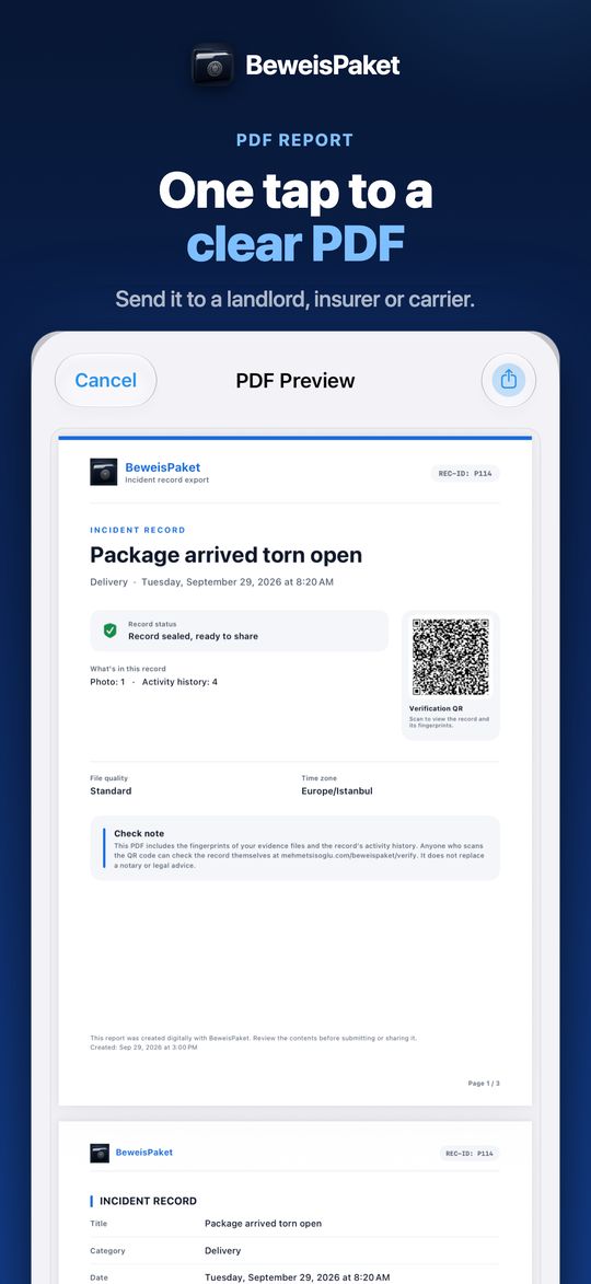 One tap to a clear PDF – Send it to a landlord, insurer or carrier.