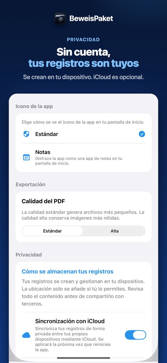 Sin cuenta, tus registros son tuyos – Se crean en tu dispositivo. iCloud es opcional.