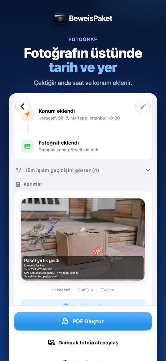 Fotoğrafın üstünde tarih ve yer – Çektiğin anda saat ve konum eklenir.