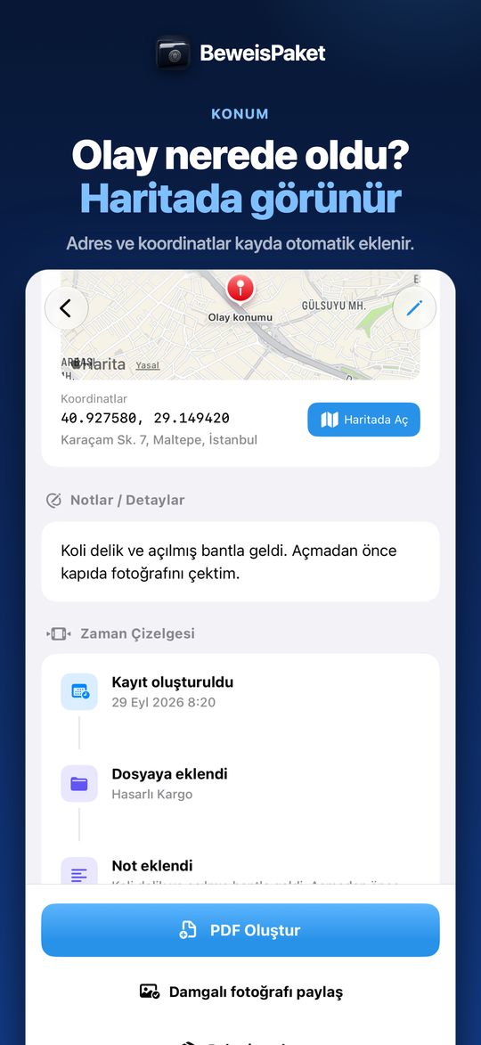 Olay nerede oldu? Haritada görünür – Adres ve koordinatlar kayda otomatik eklenir.