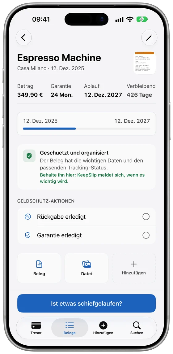 Produktdetails mit Bon, Garantie und verbleibenden Tagen