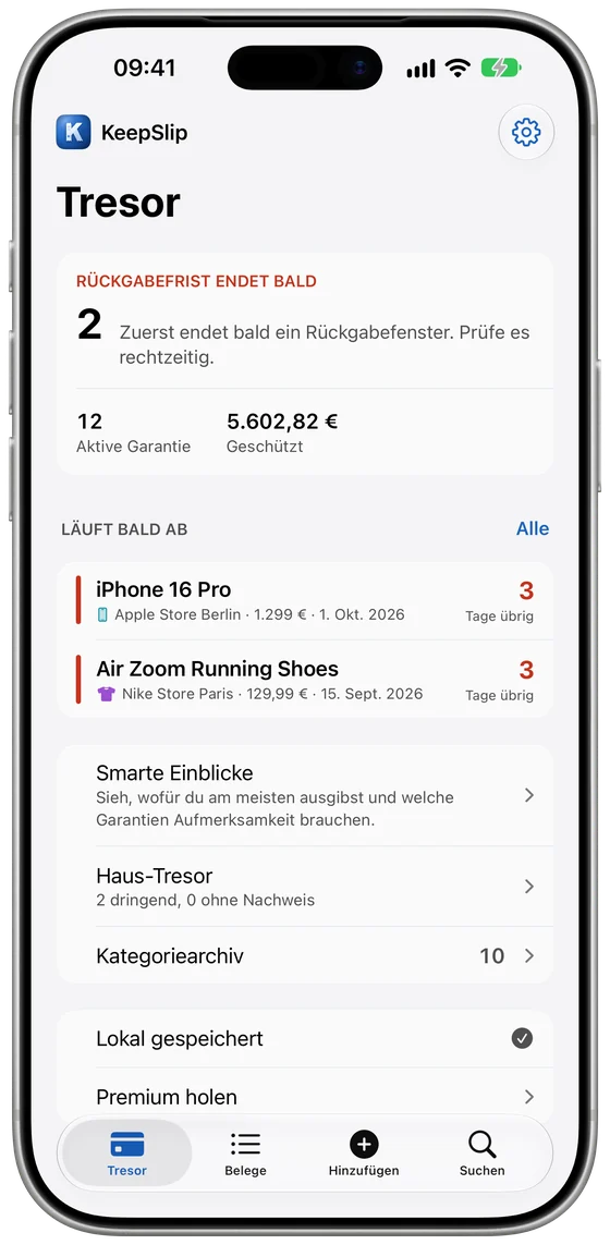 KeepSlip-Tresor auf dem iPhone mit bald ablaufenden Fristen