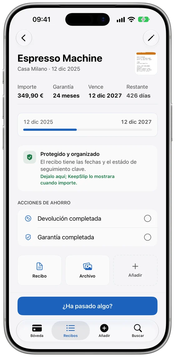 Detalle del producto con ticket, garantía y días restantes