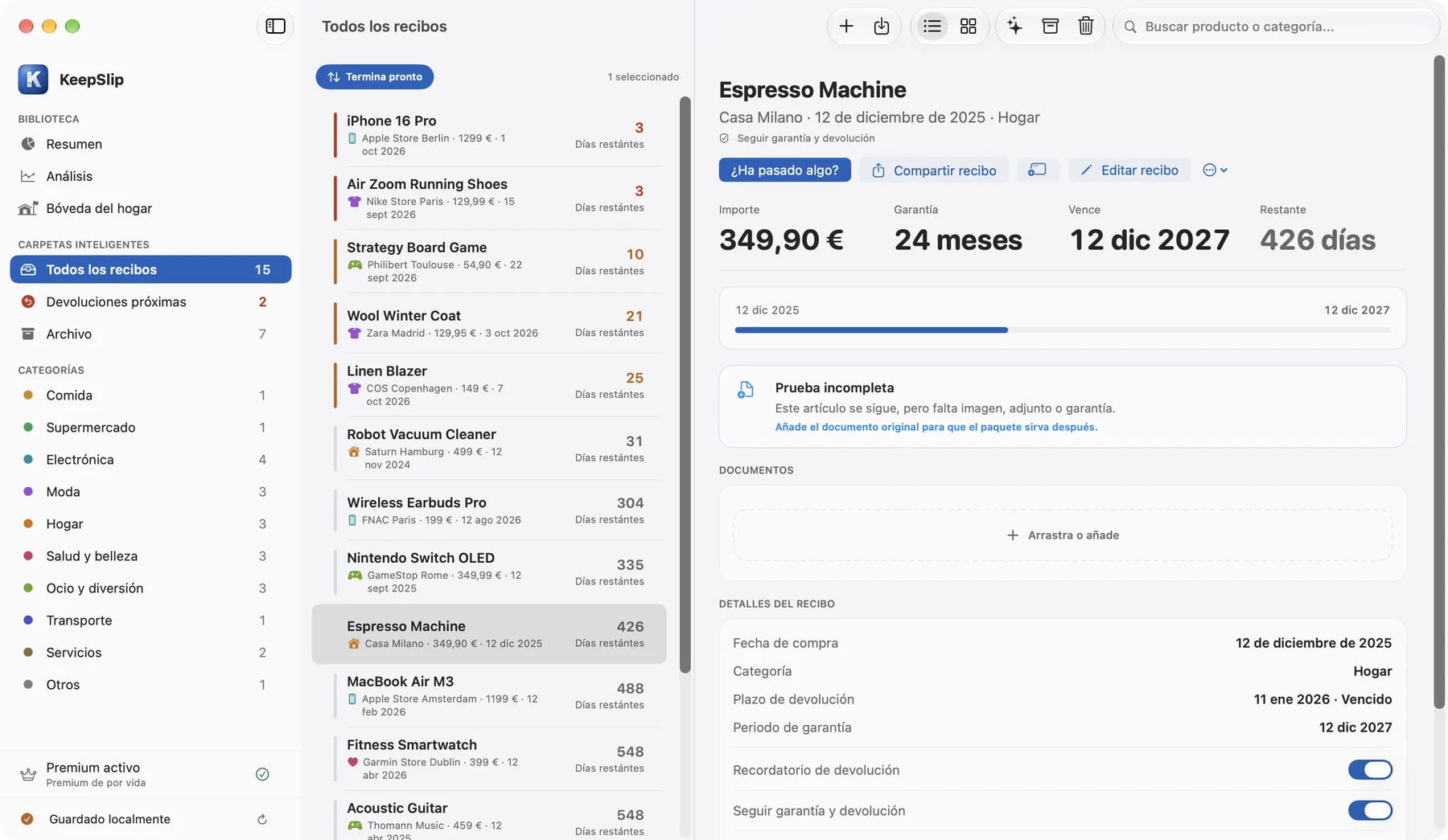 KeepSlip en Mac con la lista de tickets y el detalle del producto lado a lado