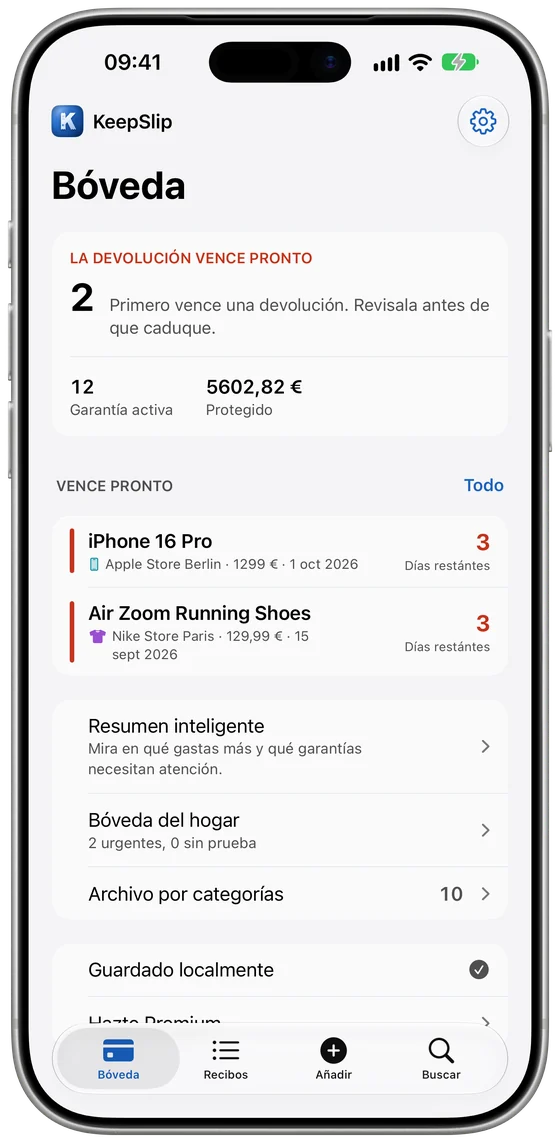 La caja fuerte de KeepSlip en iPhone con los plazos que vencen pronto
