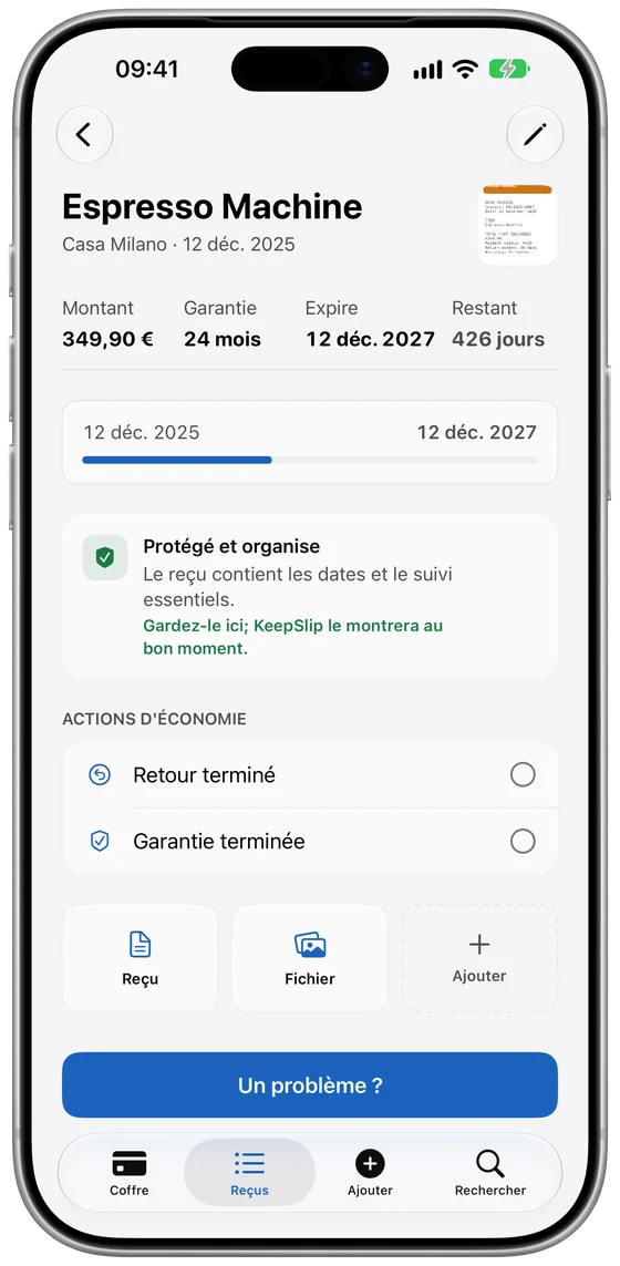 Détail du produit avec ticket, garantie et jours restants