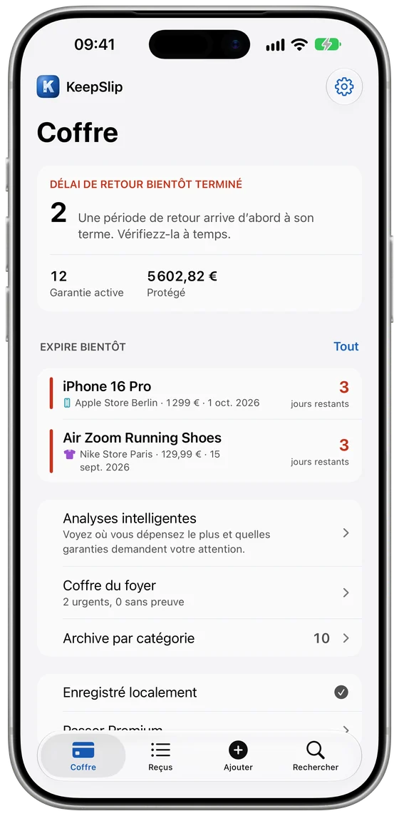 Le coffre KeepSlip sur iPhone avec les échéances proches