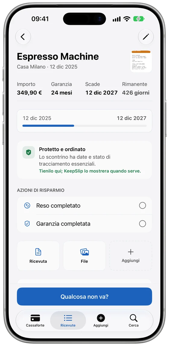 Dettagli del prodotto con scontrino, garanzia e giorni rimanenti