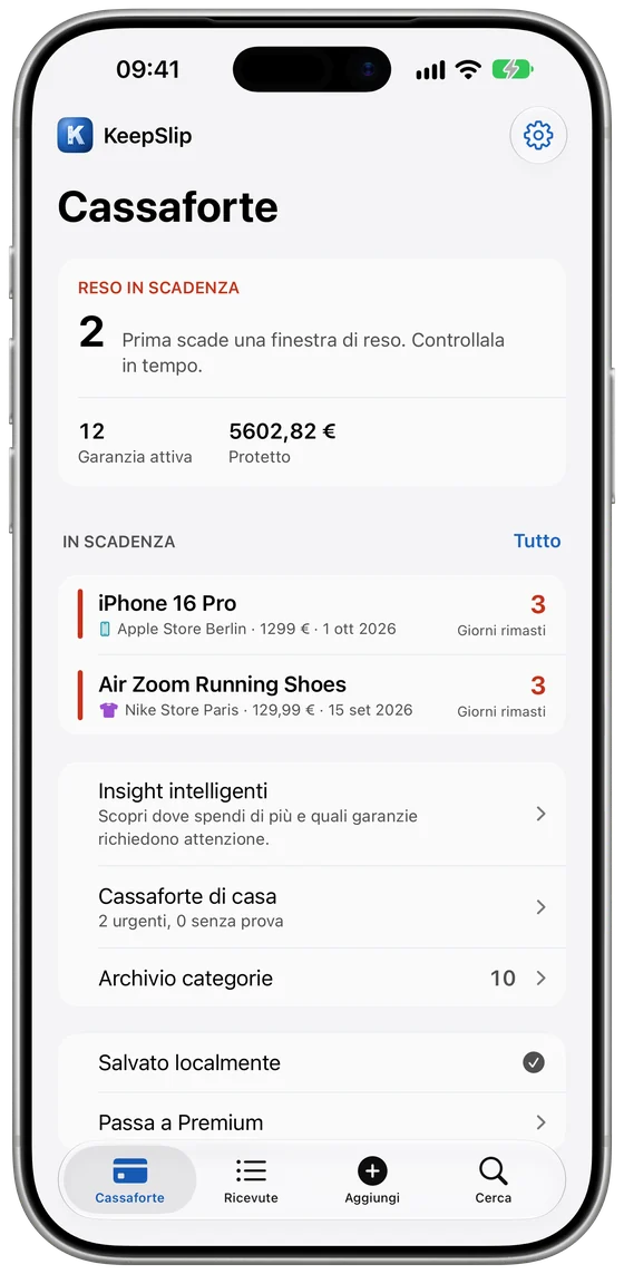 La cassaforte di KeepSlip su iPhone con le scadenze vicine