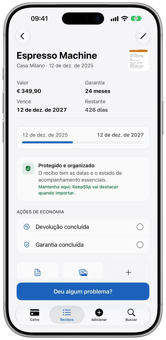 Detalhes do produto com nota, garantia e dias restantes
