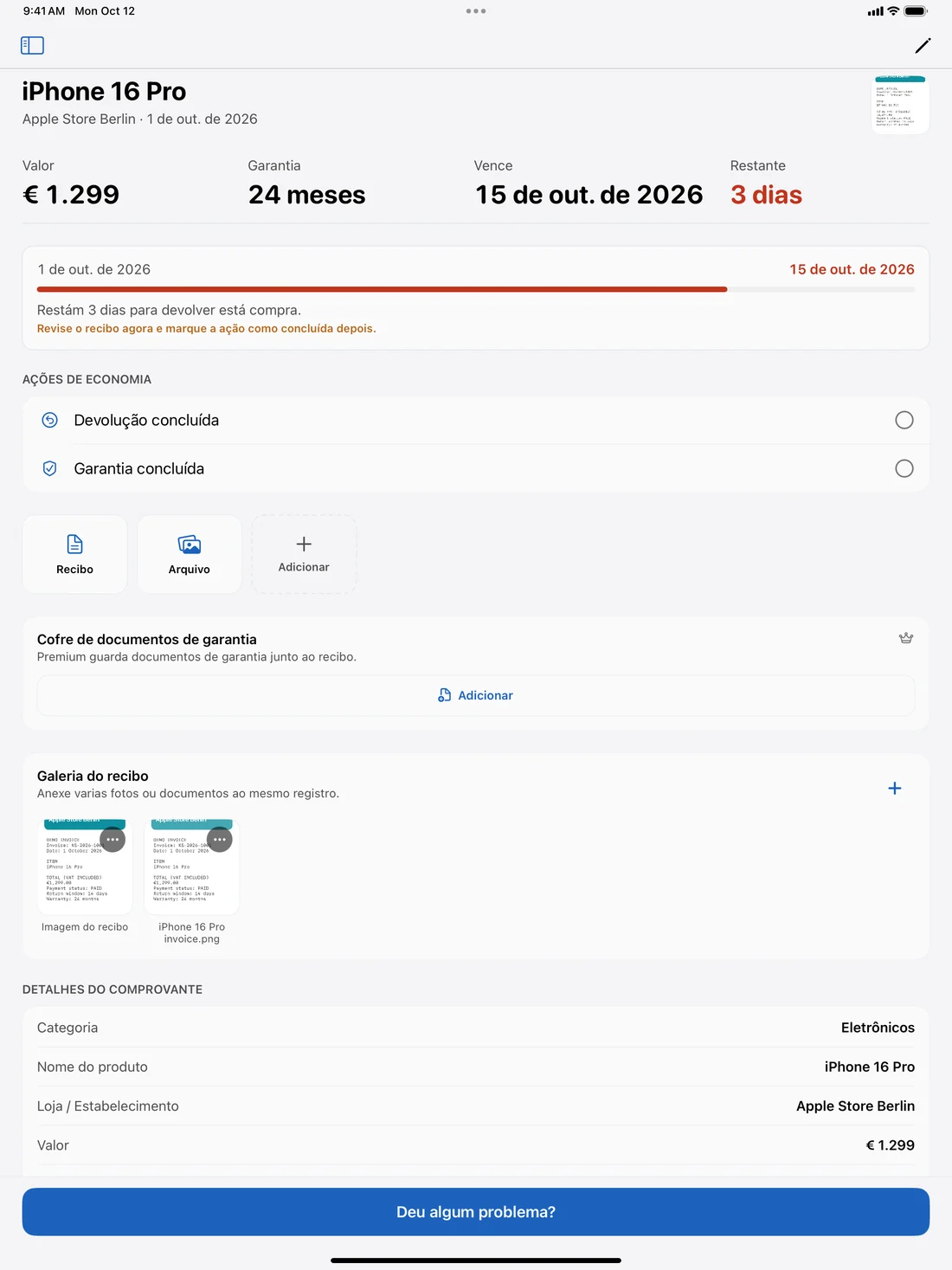 Detalhes do produto no iPad