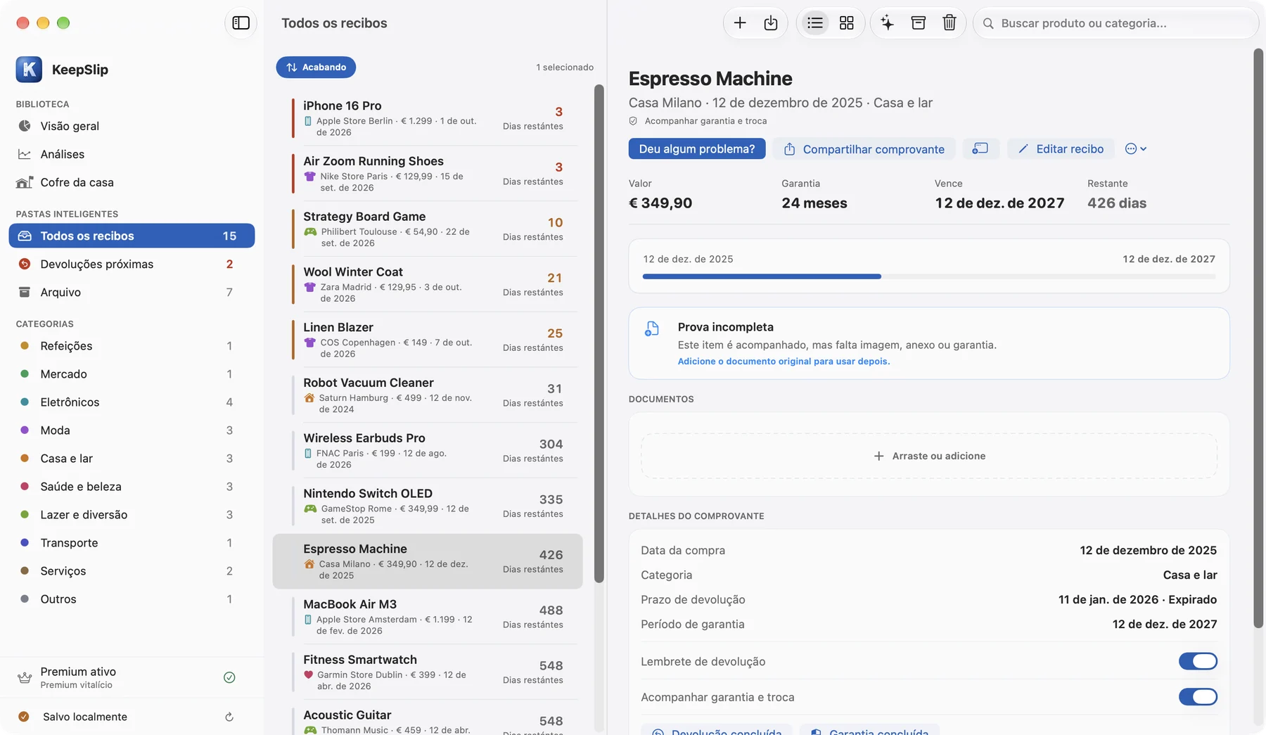 KeepSlip no Mac com a lista de notas e os detalhes do produto lado a lado