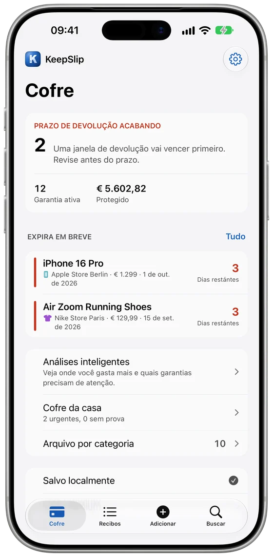O cofre do KeepSlip no iPhone com os prazos que estão acabando