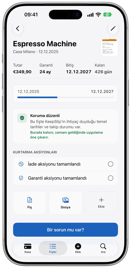 Fiş, garanti ve kalan günlerle ürün ayrıntısı