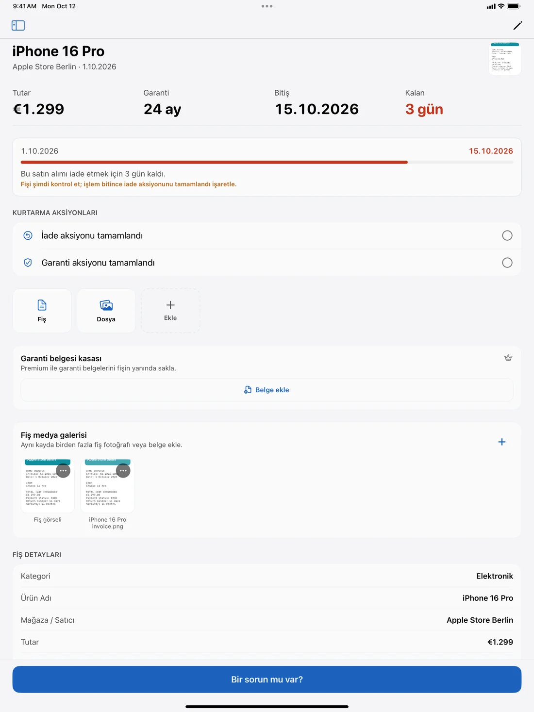 iPad'de ürün ayrıntısı