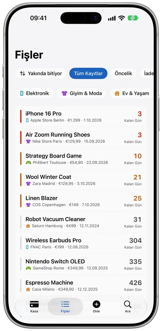 iPhone'da fiş listesi