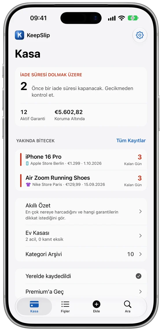 iPhone'da KeepSlip kasası ve süresi yaklaşanlar
